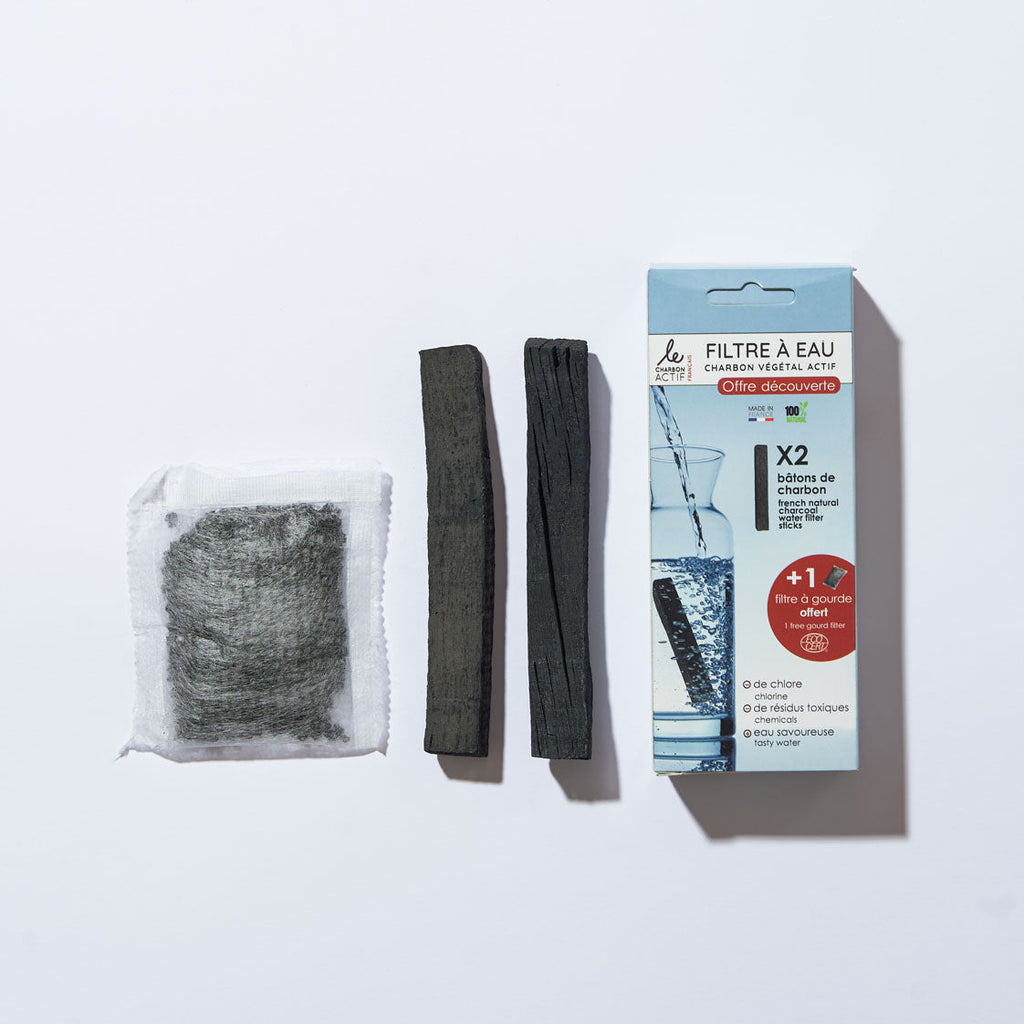 Pack Sérénité : Eau Pure & Nomade 2 bâtons de charbons français + 1 filtre à gourde offert Le Charbon Actif Français